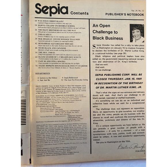 Sepia Magazine, Dec. 1980. Cover: Stevie Wonder on MLK, Black Memorabilia GUC - Picture 2 of 15
